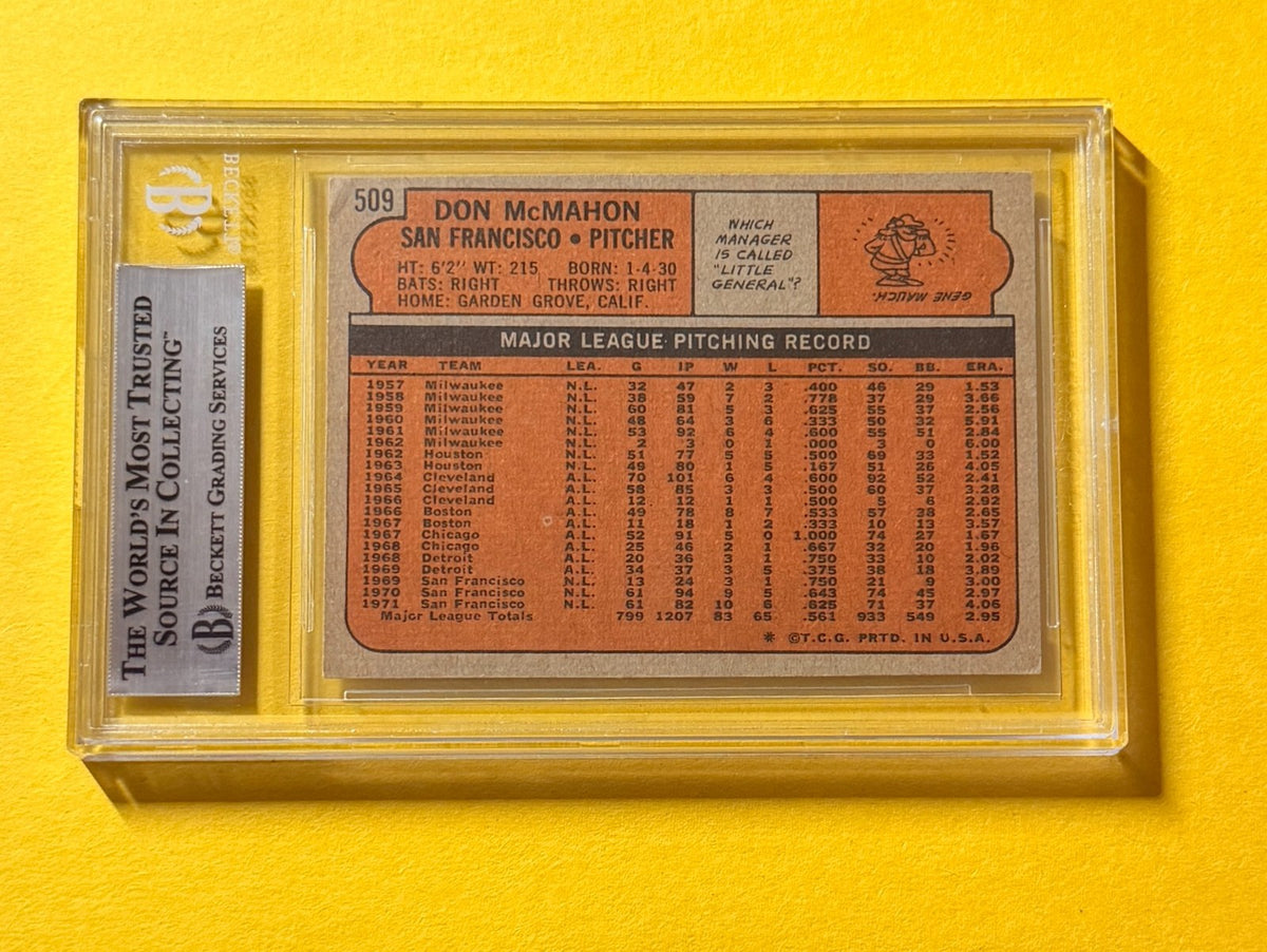 1972 TOPPS DON MCMAHON #509 SIGNED AUTO CARD BECKETT AUTHENTIC GIANTS