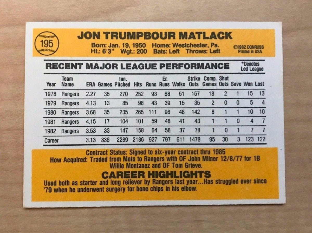 JON MATLACK TEXAS RANGERS SIGNED AUTOGRAPHED 1983 DONRUSS CARD #195 W/COA