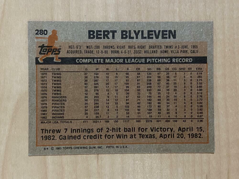 BERT BLYLEVEN CLEVELAND INDIANS SIGNED AUTOGRAPHED 1983 TOPPS CARD #280 W/COA