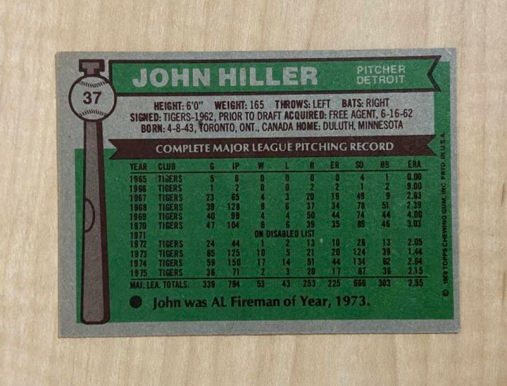 JOHN HILLER DETROIT TIGERS SIGNED AUTOGRAPHED 1976 TOPPS CARD #37 W/COA