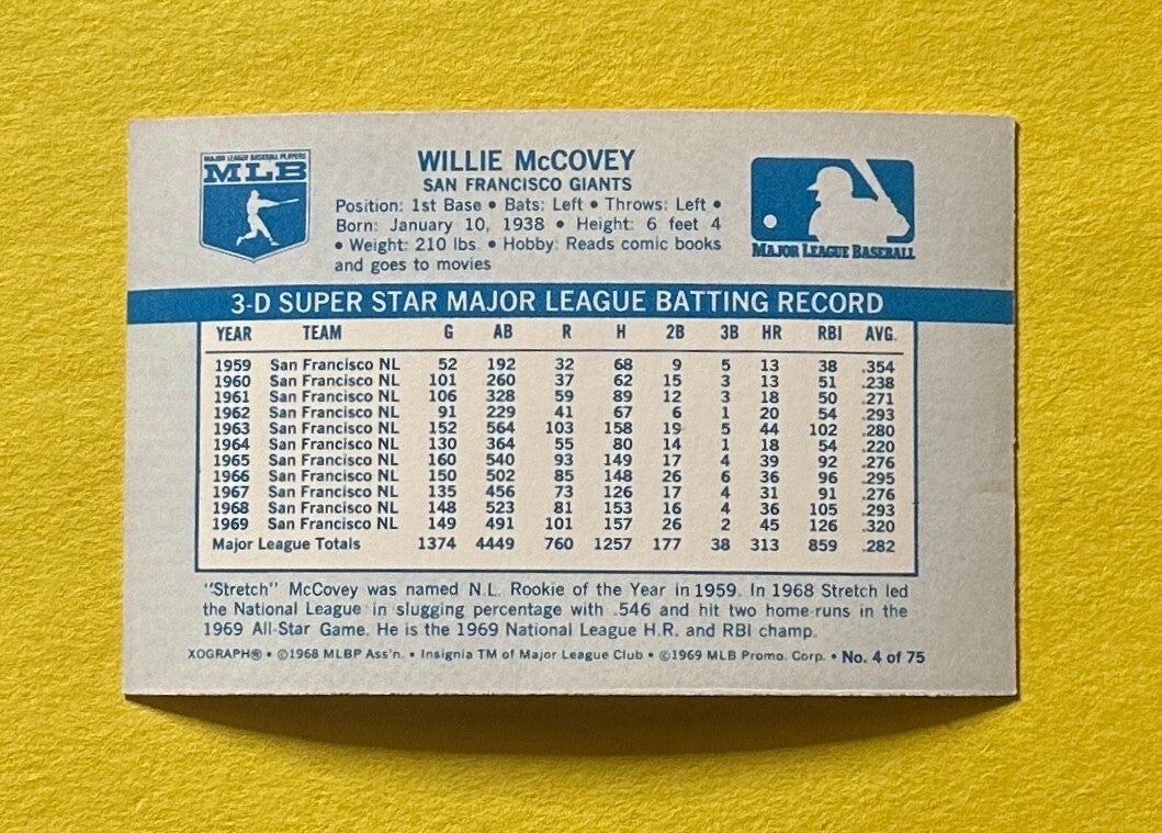 1970 KELLOGG'S 3-D WILLIE MCCOVEY #4 GIANTS HOF