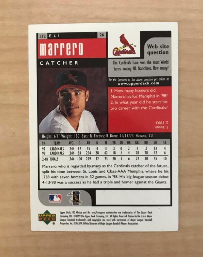 ELI MARRERO ST. LOUIS CARDINALS AUTOGRAPHED 1999 UPPER DECK CARD #132 W/COA
