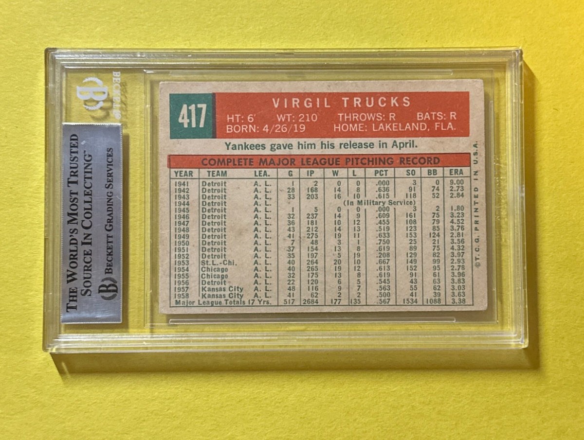 1959 TOPPS VIRGIL TRUCKS #417 SIGNED AUTOGRAPHED CARD BECKETT AUTHENTIC YANKEES