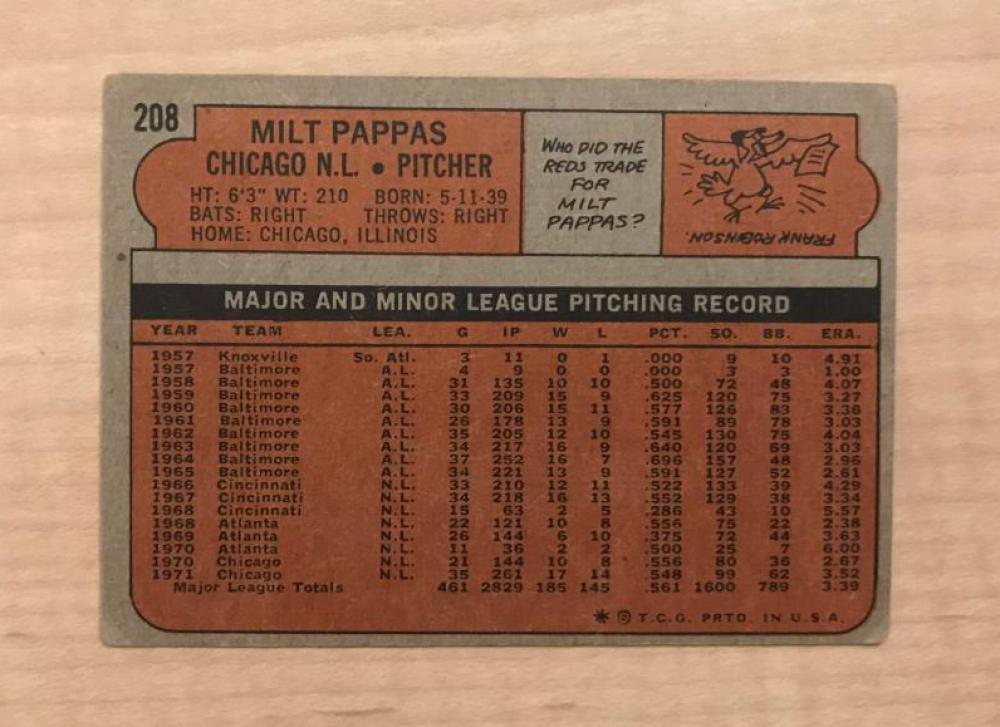 MILT PAPPAS CHICAGO CUBS SIGNED DECEASED 1972 TOPPS CARD #208 W/COA