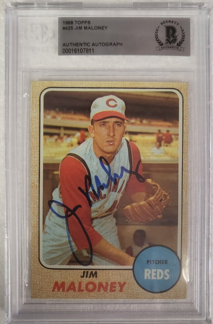 1968 TOPPS JIM MALONEY CINCINNATI REDS SIGNED AUTOGRAPHED #425 CARD BECKETT AUTH
