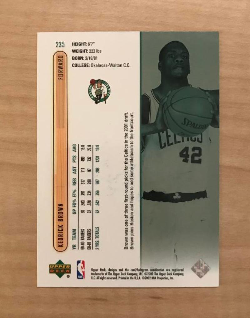 KEDRICK BROWN BOSTON CELTICS SIGNED AUTOGRAPHED 2002 UPPER DECK CARD #235 W/COA