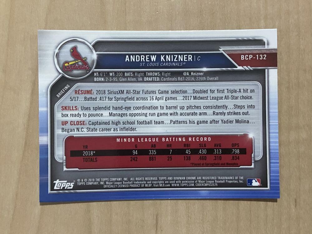 ANDREW KNIZER ST LOUIS CARDINALS SIGNED 2018 BOWMAN CARD #BCP-132 W/COA