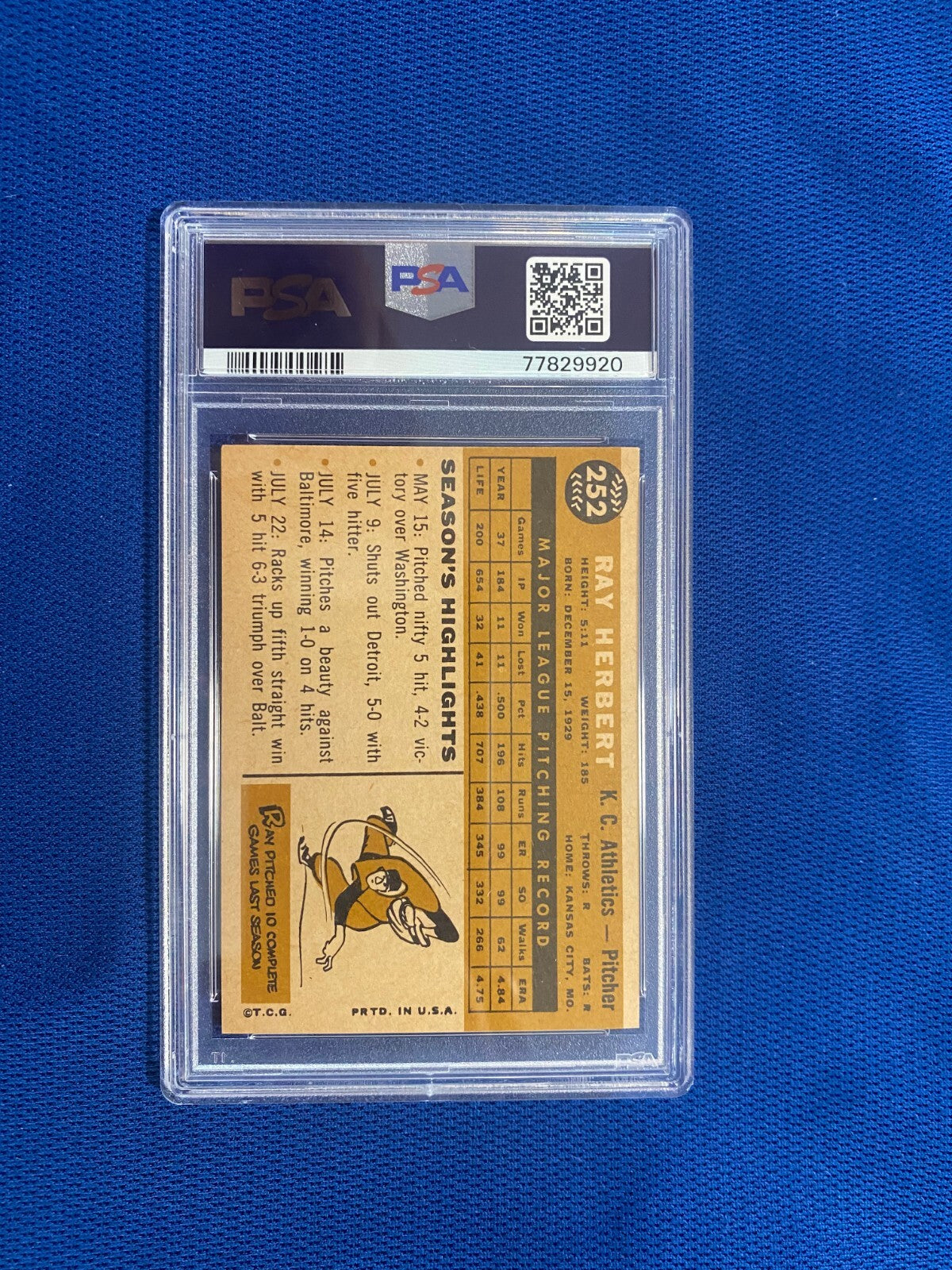 1960 TOPPS RAY HERBERT KANSAS CITY ATHLETICS #252 CARD PSA 6 EX-MT VINTAGE