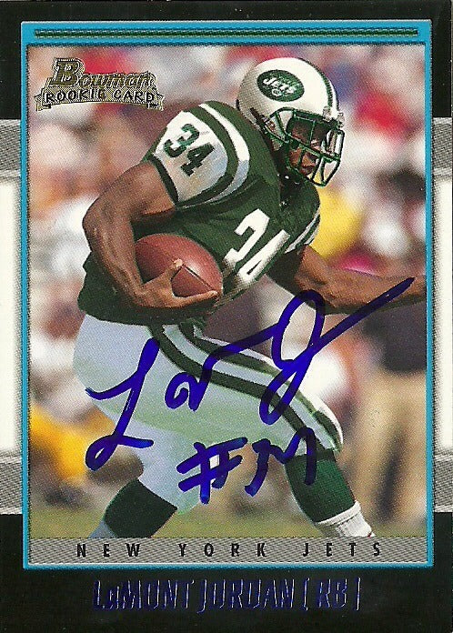 LAMONT JORDAN NEW YORK JETS SIGNED AUTOGRAPHED 2001 BOWMAN ROOKIE RC #172 W/COA