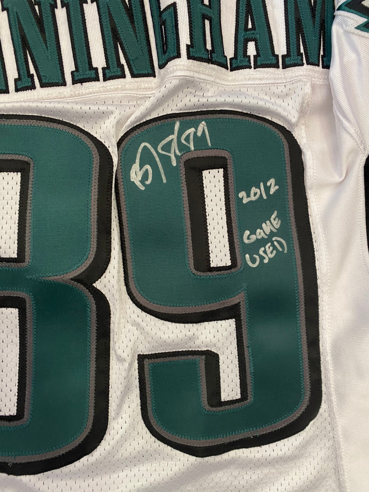 BJ CUNNINGHAM #89 PHILADELPHIA EAGLES SIGNED AUTOGRAPHED GAME USED JERSEY SZ L