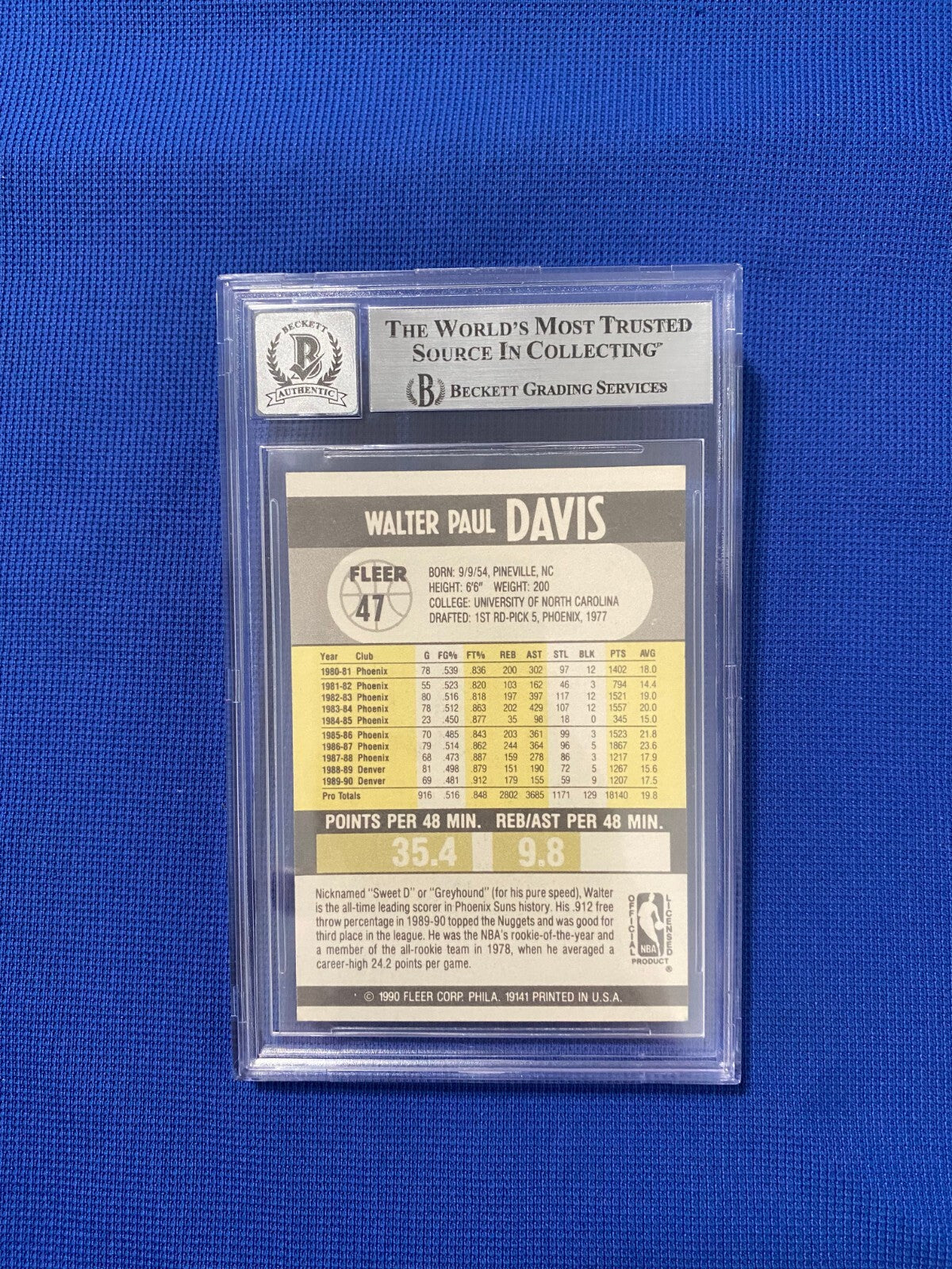 1990-91 FLEER WALTER DAVIS NUGGETS SIGNED AUTOGRAPHED CARD #47 BECKETT AUTO 10