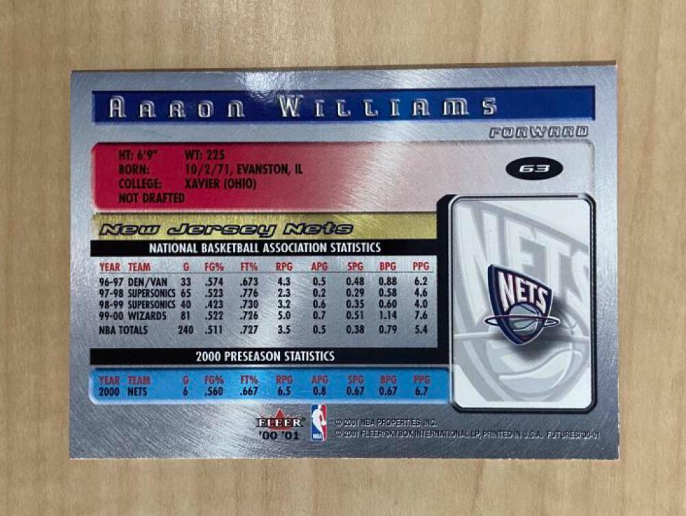 AARON WILLIAMS NEW JERSEY NETS SIGNED AUTOGRAPHED 00-01 FLEER CARD #63 W/COA