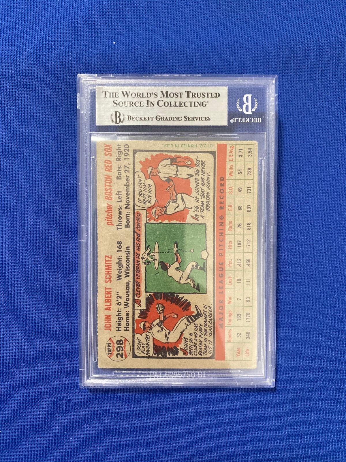 1956 TOPPS JOHNNY SCHMITZ RED SOX SIGNED AUTOGRAPHED AUTO #298 CARD BECKETT AUTH
