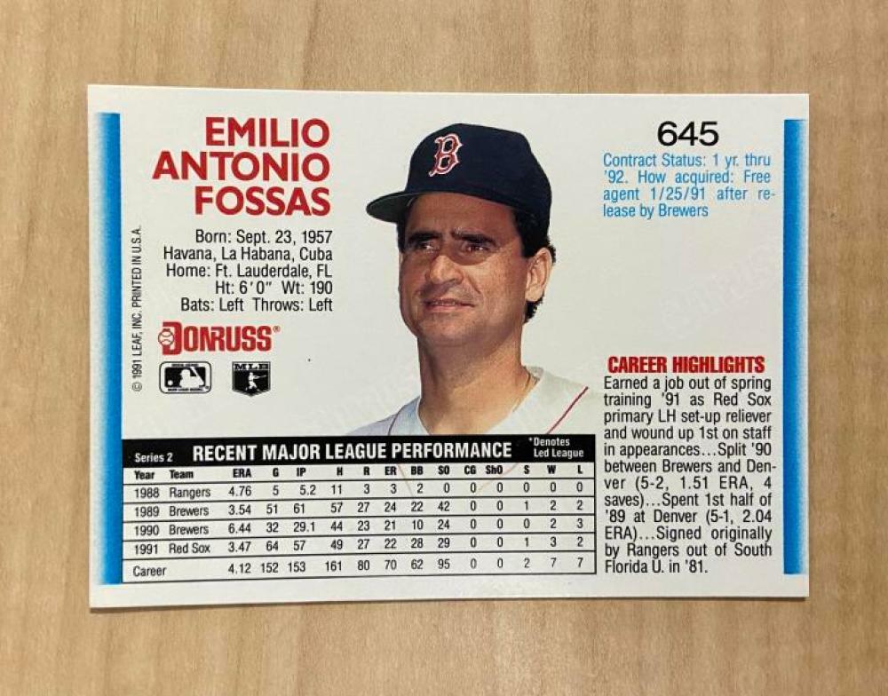 TONY FOSSAS BOSTON RED SOX SIGNED AUTOGRAPHED 1992 DONRUSS CARD #645 W/COA