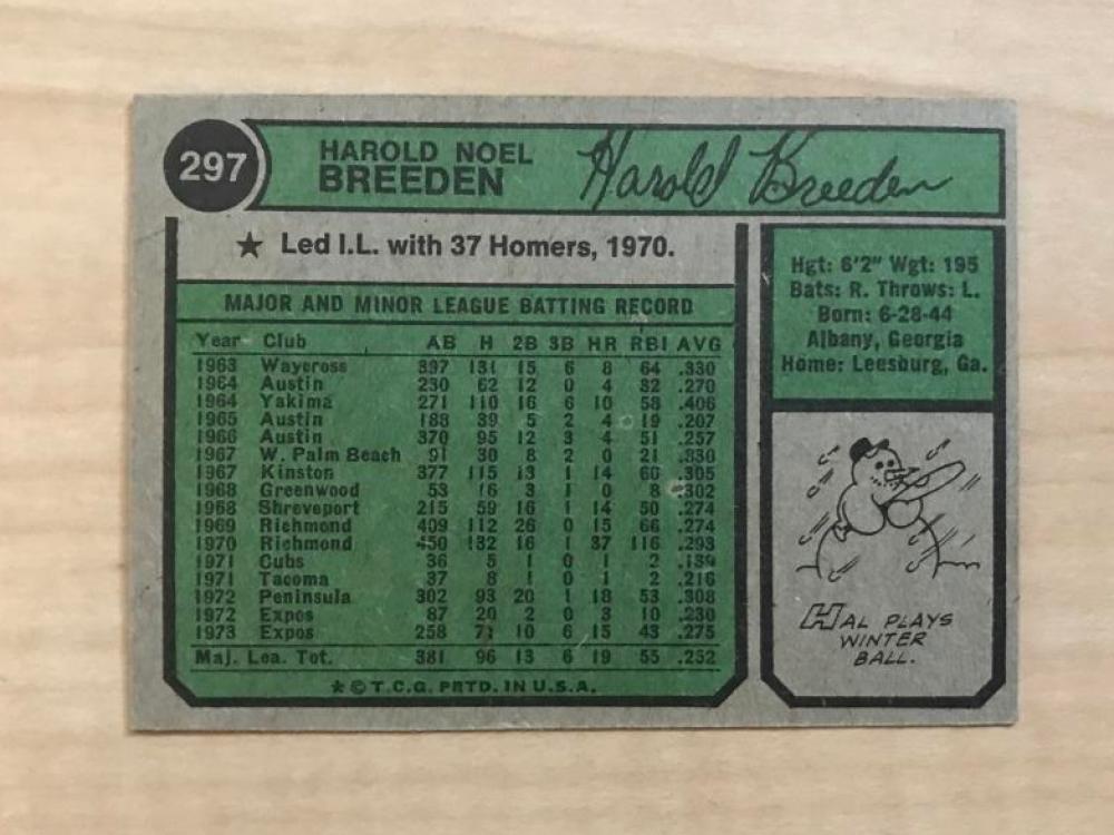 HAL BREEDEN MONTREAL EXPOS SIGNED VINTAGE 1974 TOPPS CARD #297 W/COA