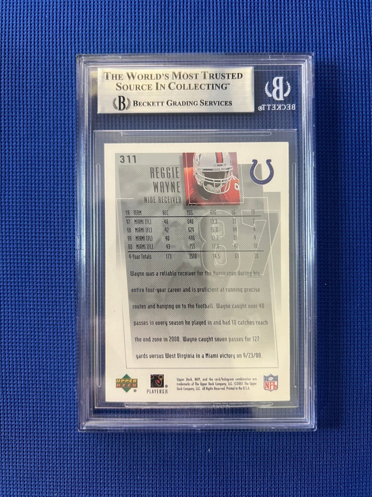 2001 UPPER DECK REGGIE WAYNE MIAMI HURRICANES RC SIGNED AUTOGRAPHED #311 BECKETT