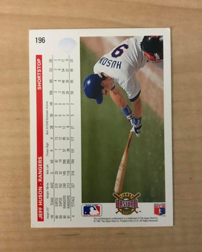 JEFF HUSON TEXAS RANGERS SIGNED AUTOGRAPHED 1992 UPPER DECK CARD #196 W/COA 