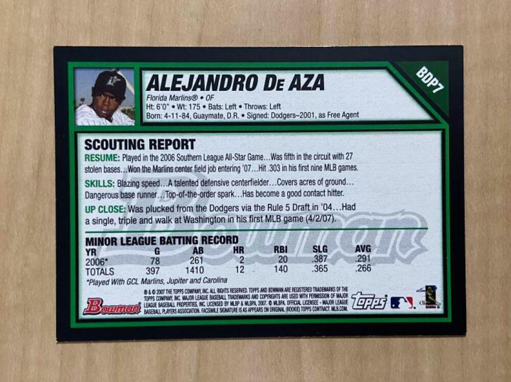 ALEJANDRO DE AZA FLORIDA MARLINS SIGNED AUTOGRAPHED 2007 BOWMAN CARD #BDP7 W/COA