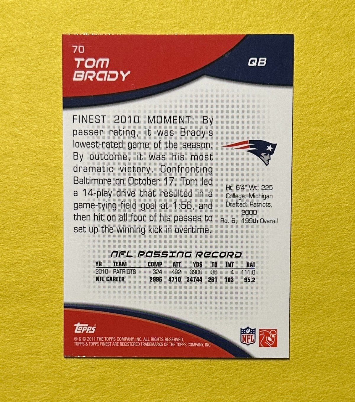 2011 TOPPS FINEST TOM BRADY BASE #70 PATRIOTS