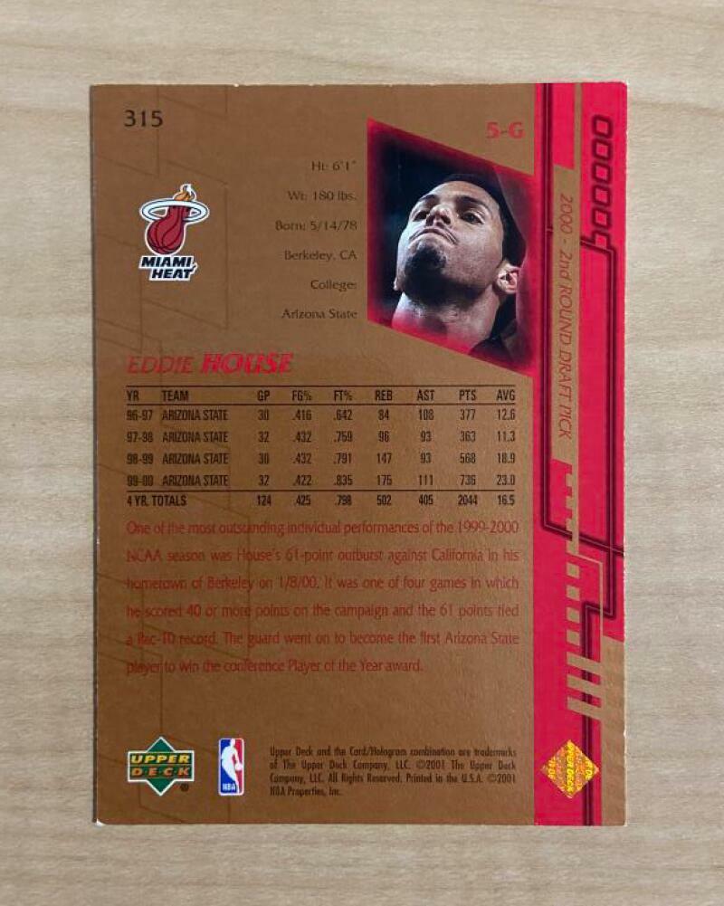 EDDIE HOUSE MIAMI HEAT SIGNED AUTOGRAPHED 00-01 UPPER DECK CARD #315 W/COA