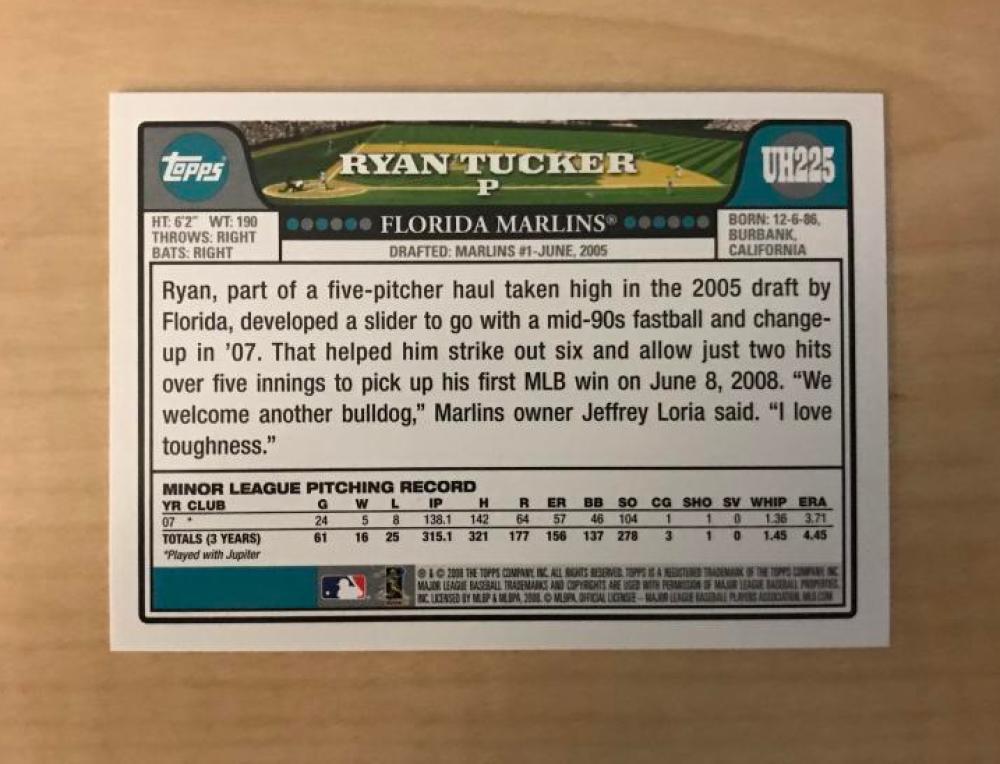 RYAN TUCKER FLORIDA MARLINS SIGNED AUTOGRAPHED 2008 TOPPS CARD #UH225 W/COA 