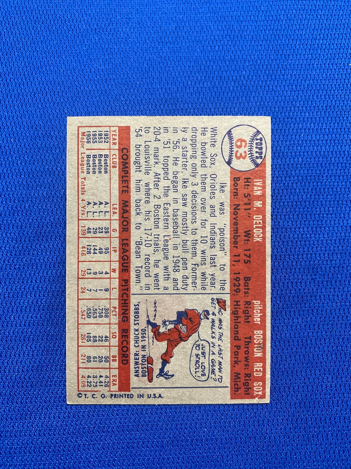 1957 TOPPS IKE DELOCK BOSTON RED SOX #63 CARD VINTAGE SET-BREAK