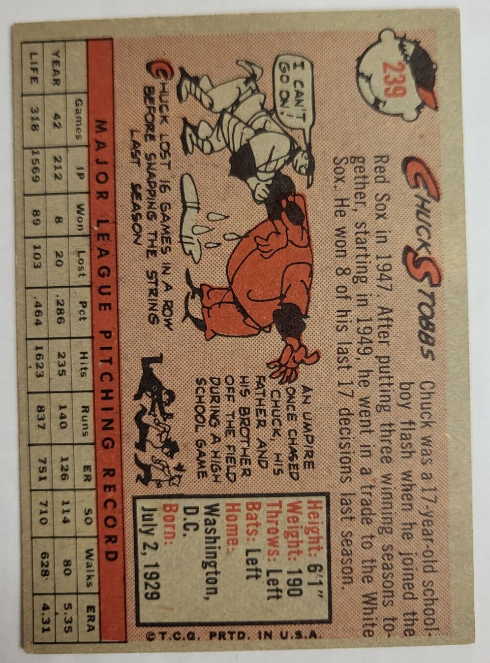 1958 TOPPS CHUCK STOBBS SENATORS #239 GREAT CONDITION