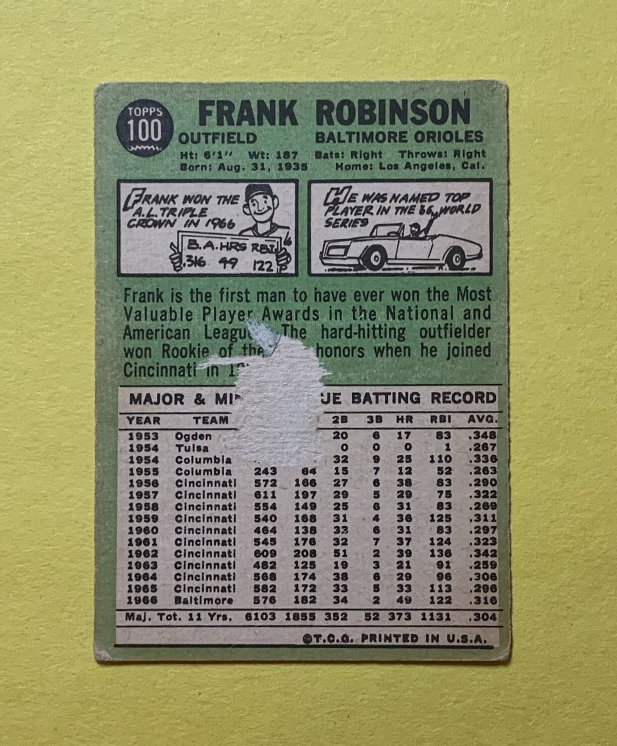 1967 TOPPS FRANK ROBINSON #100 ORIOLES HOF