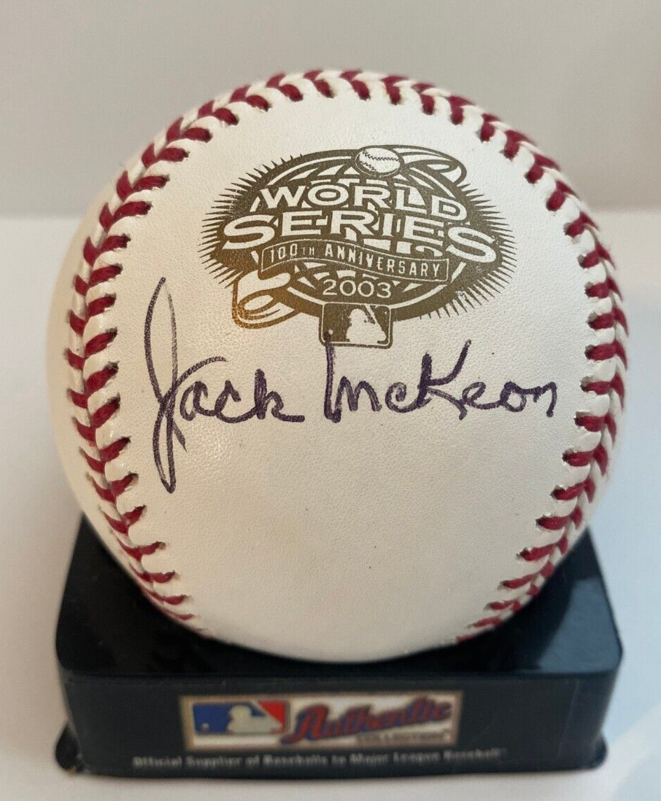 JACK MCKEON FL MARLINS MANAGER SIGNED 2003 WORLD SERIES BASEBALL W/COA W/CUBE