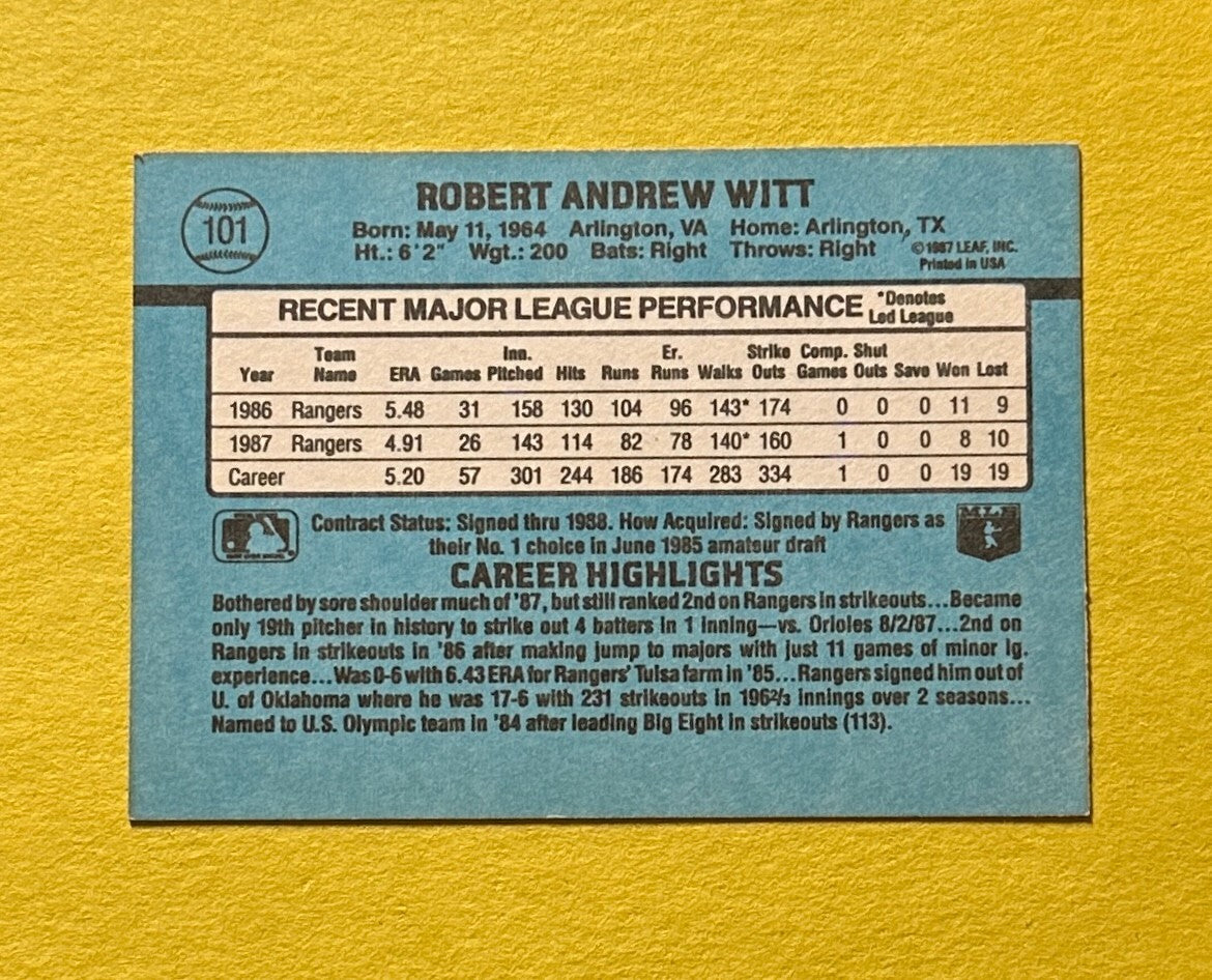 1988 DONRUSS BOBBY WITT SIGNED AUTOGRAPH CARD W/ COA #101 RANGERS