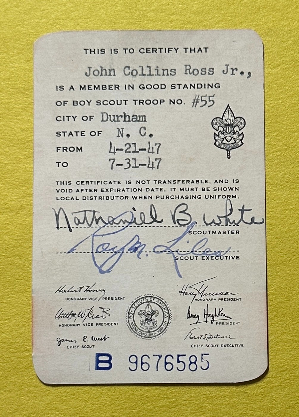 1947 VINTAGE BOY SCOUTS OF AMERICA IDENTIFICATION CARD