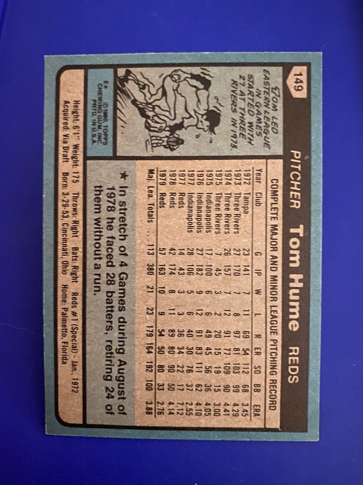 1980 TOPPS TOM HUME CINCINNATI REDS SIGNED AUTOGRAPHED CARD #149 W/COA