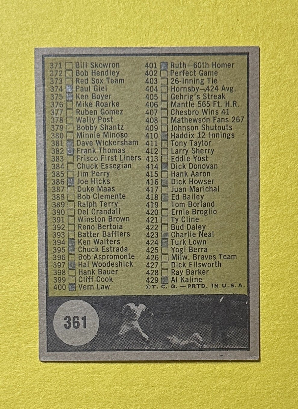 1961 TOPPS CHECKLIST 5TH SERIES #361