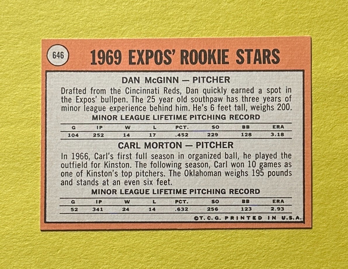 1969 TOPPS 1969 EXPOS ROOKIE STARS MCGINN MORTON #646