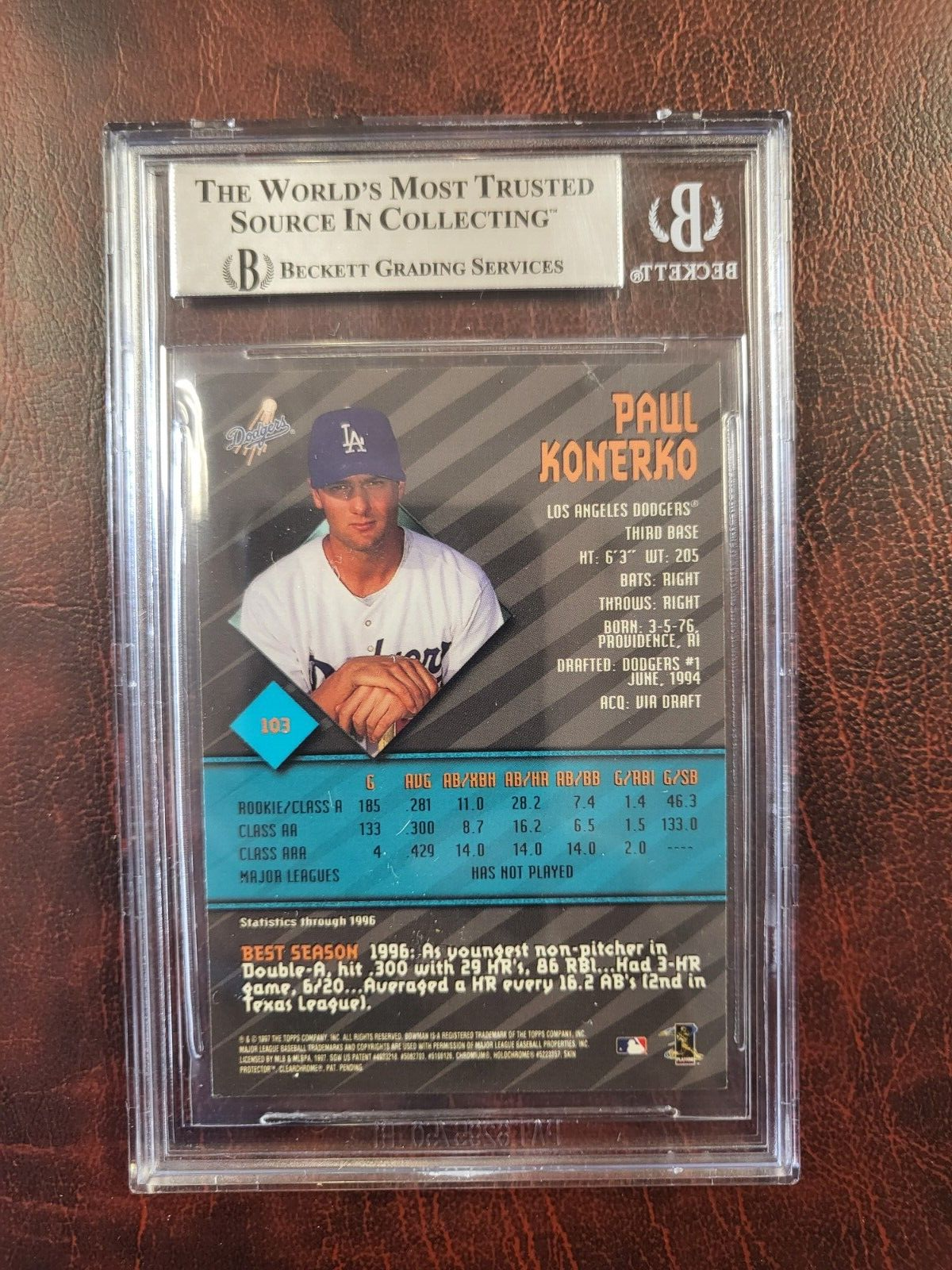 1997 BOWAN BEST PAUL KONERKO SIGNED AUTOGRAPH #103 CARD BECKETT AUTHENTIC