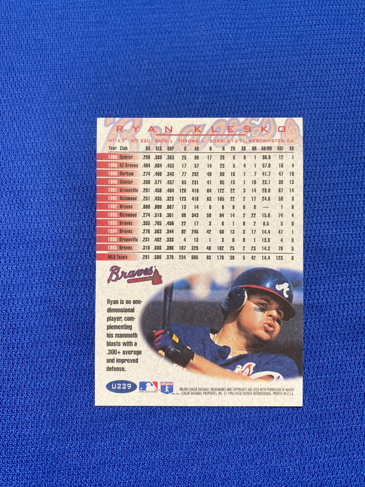 1996 FLEER RYAN KLESKO ATLANTA BRAVES SIGNED AUTOGRAPHED #U229 CARD W/COA
