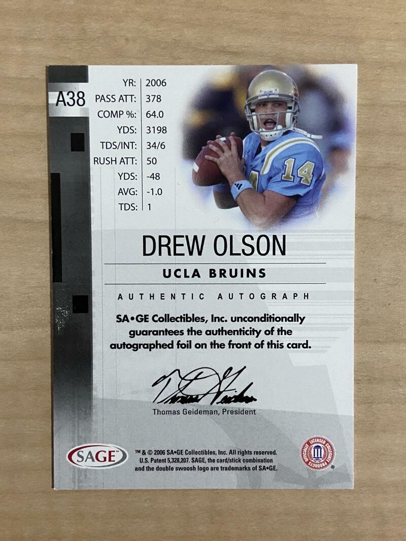 DREW OLSON UCLA BRUINS SIGNED AUTOGRAPHED 2006 SAGE 159/200 CARD #A38