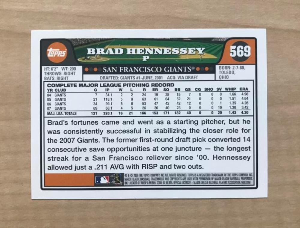 BRAD HENNESSEY SAN FRANCISCO GIANTS SIGNED AUTOGRAPHED 2008 TOPPS CARD#569 W/COA