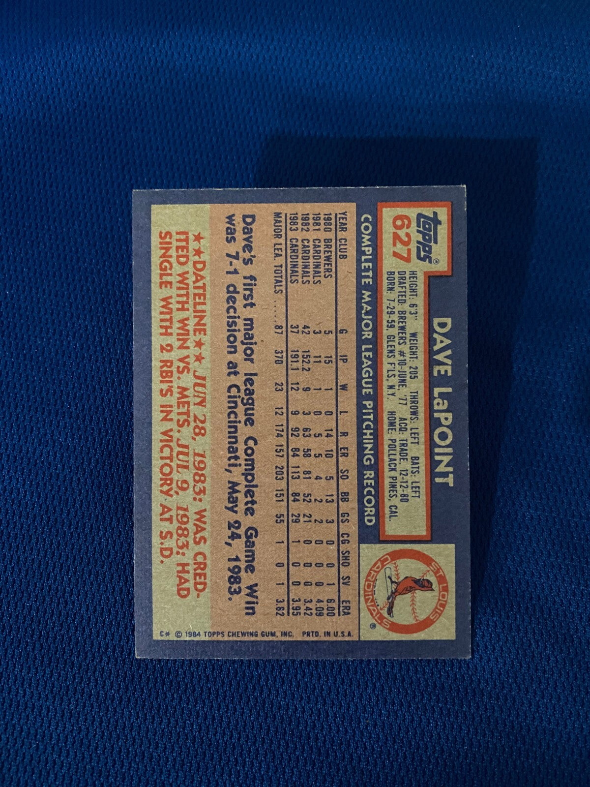 1988 FLEER DAVE LAPOINT ST. LOUIS CARDINALS AUTOGRAPHED SIGNED CARD #627 W/COA