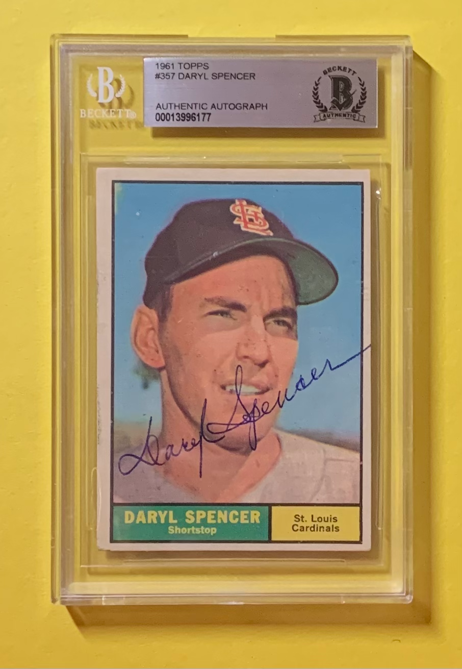 1961 TOPPS DARYL SPENCER #357 AUTHENTIC AUTO BECKETT CERTIFIED CARDINALS