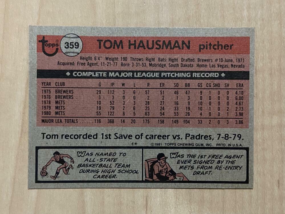 TOM HAUSMAN NEW YORK METS SIGNED AUTOGRAPHED 1981 TOPPS CARD #359 W/COA