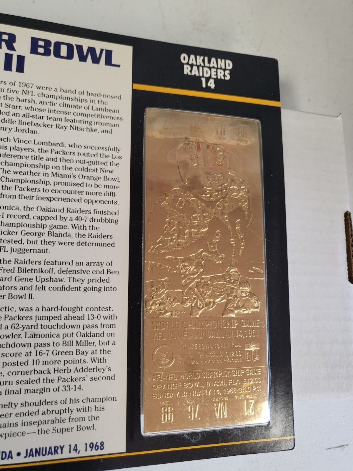 NFL SUPER BOWL II 22KT GOLD TICKET WILLABEE WARD GB PACKERS 33 OAK RAIDERS 14