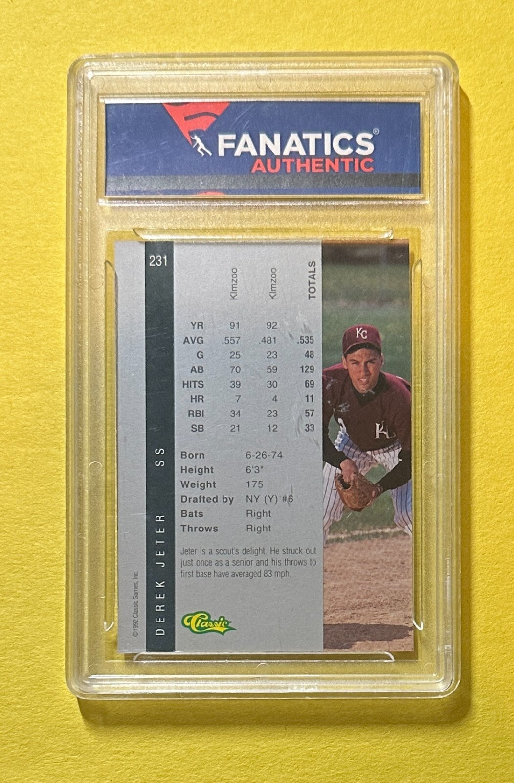 1992 CLASSIC 4 SPORT DEREK JETER FANATICS ENCASED  RC #231 YANKEES HOF
