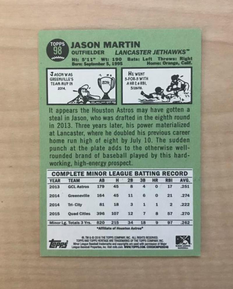 JASON MARTIN LANCASTER JETHAWKS SIGNED 2016 TOPPS HERITAGE CARD #98 W/COA
