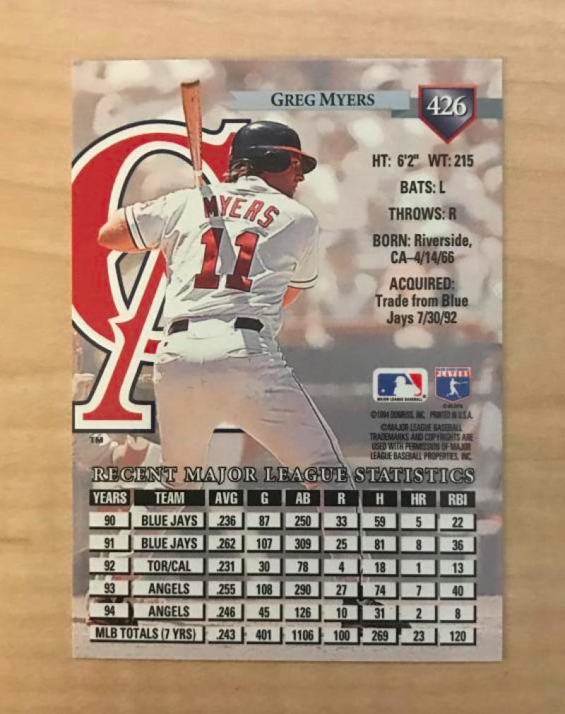 GREG MYERS CALIFORNIA ANGELS SIGNED AUTOGRAPHED 1995 DONRUSS CARD #426 W/COA
