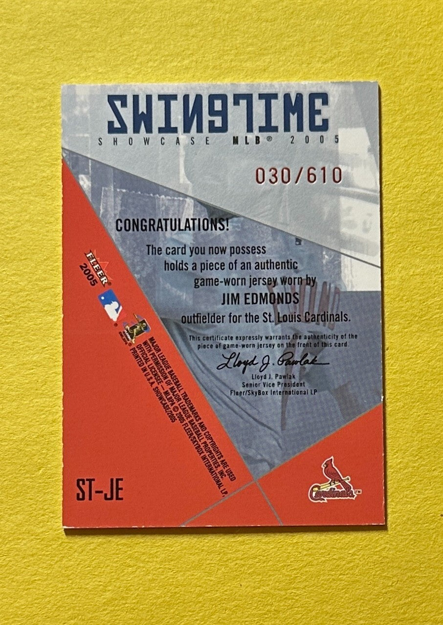 2005 FLEER SHOWCASE JIM EDMONDS SWINGTIME RELIC /610 #ST-JE CARDINALS