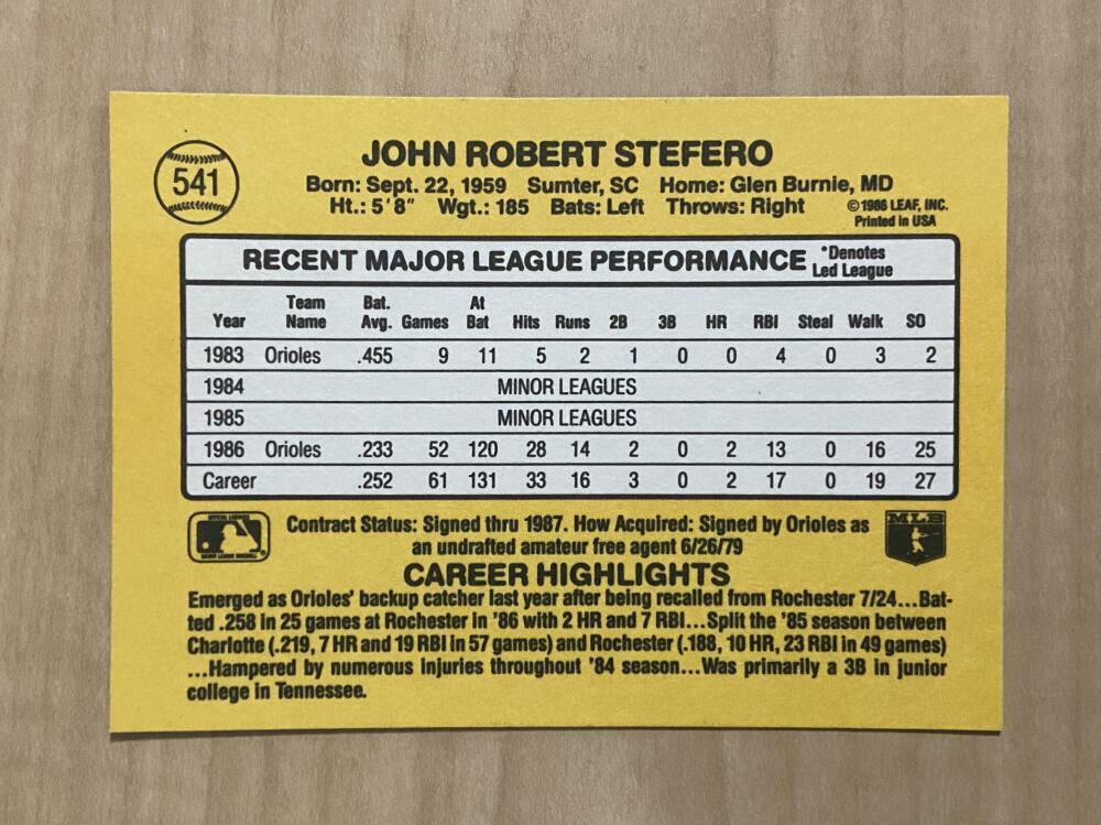JOHN STEFERO BALTIMORE ORIOLES SIGNED AUTOGRAPHED 1987 DONRUSS CARD #541 W/COA