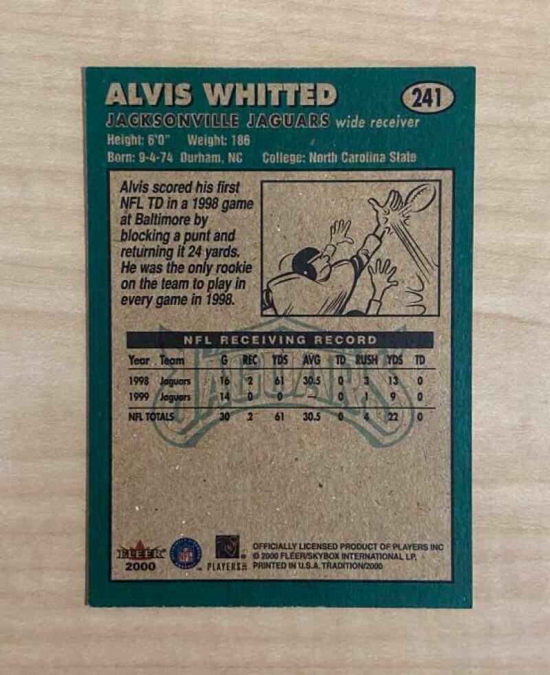 ALVIS WHITTED JACKSONVILLE JAGUARS SIGNED AUTOGRAPHED 2000 FLEER CARD #241 W/COA