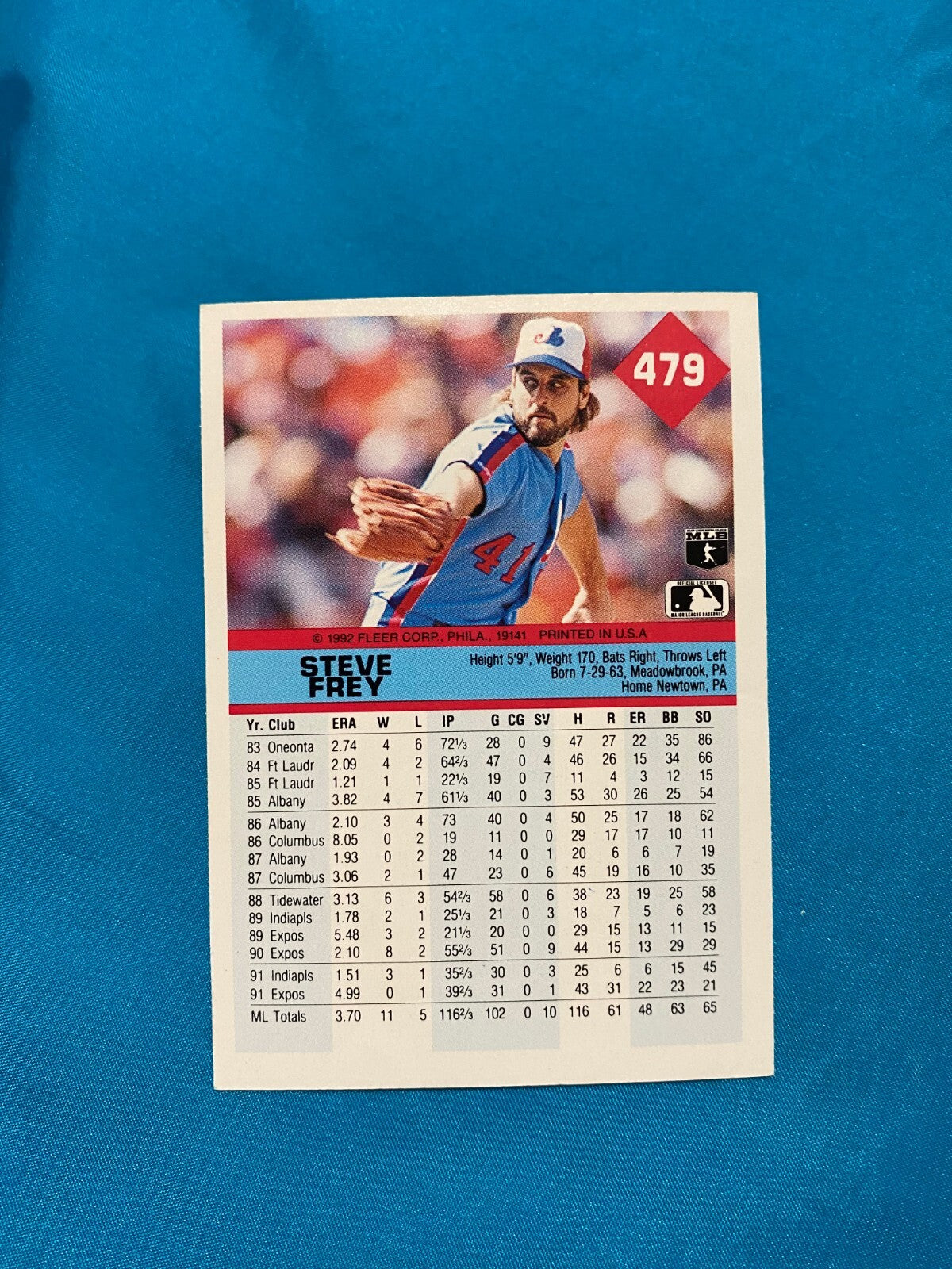 1992 FLEER STEVE FREY MONTREAL EXPOS AUTOGRAPHED SIGNED CARD #479 W/COA
