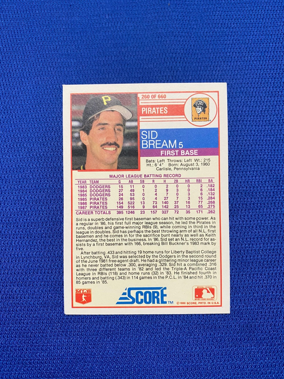 1988 SCORE SID BREAM PITTSBURGH PIRATES SIGNED AUTOGRAPHED #260 CARD W/COA
